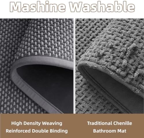 PADOOR-Bath Mat-Super Absorbent Chenille Bathroom Mats-Rubber Backed Bath Mats for Bathroom Non Slip, Easy Clean Bathroom Rugs Front of Bathtub,Shower Room,Sink-20×32, Grey&Darkgrey