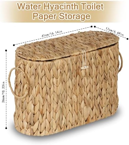 efluky Toilet Paper Storage Basket, Water Hyacinth Slim Toilet Paper Holder with Lid- Holds Up to 9 Mega Rolls, Home Bathroom Decor Organizer