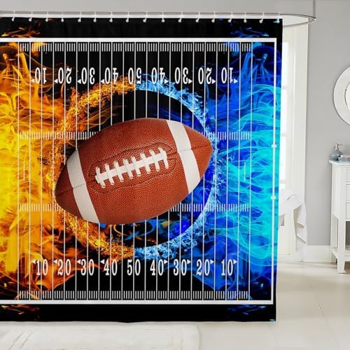 jejeloiu Football Bath Curtain Boys Girls 72"x78" Shower Curtain for Kids Women Men Waterproof Ice Fire Kids Bathroom Accessories