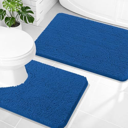 OLANLY Chenille Bathroom Rugs Sets 2 Piece, 30"x20"+24"x20", Deep Navy Blue