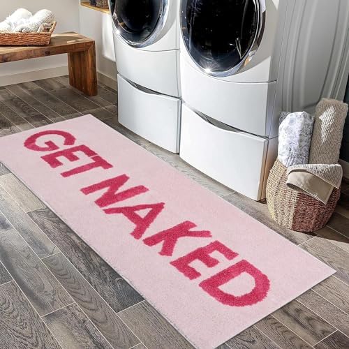 Pink Get Naked Bath Mat, Long Runner Mat for Bathroom, Cute Fun Simple Bath Rug, Water Absorbent Non-Slip Microfiber Mat, 18"x47"