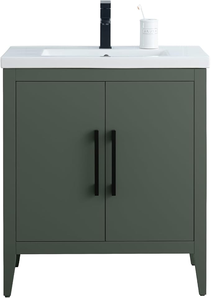 HomeBeyond 30 Inch Bathroom Vanity with Sink & Ceramic Top, Single Vanity Cabinet with Basin, Soft-Closing Doors & Matte Black Hardware, Vintage Green