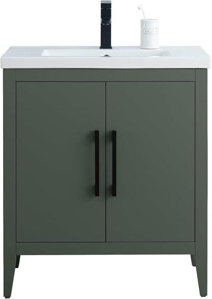 HomeBeyond 30 Inch Bathroom Vanity with Sink & Ceramic Top, Single Vanity Cabinet with Basin, Soft-Closing Doors & Matte Black Hardware, Vintage Green