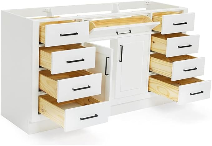 ARIEL Hepburn 60-inch Bathroom Vanity Base Cabinet,Solid Wood, 2 Soft Closing Doors, 9 Dovetail Drawers, White
