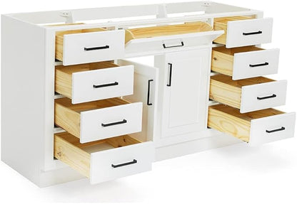 ARIEL Hepburn 60-inch Bathroom Vanity Base Cabinet,Solid Wood, 2 Soft Closing Doors, 9 Dovetail Drawers, White