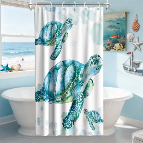 Ocean Beach Nautical Sea Turtle Shower Curtain, Coastal Tropical Shower Curtains for Bathroom Decor and Accessories, Waterproof Shower Curtain Set with Hooks, Machine Washable Fabric 36 x 72 inch Teal