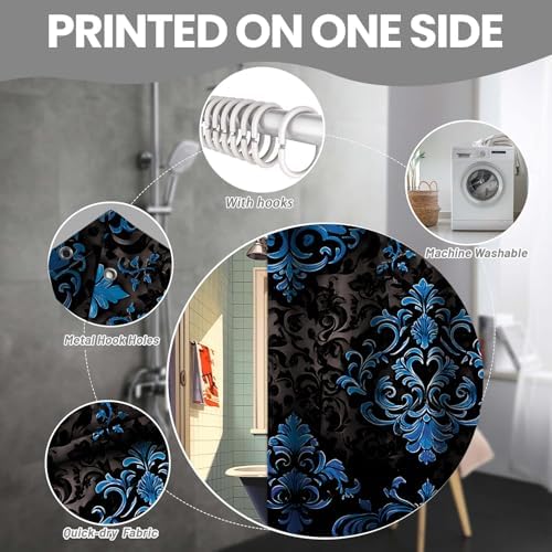 NBVKO 4Pcs Luxury Damascus Blue Flower Pattern Shower Curtain Set with 12 Hooks Non-Slip Rugs,Toilet Lid Cover and Bath Mat,Dark Gold Bathroom Decor for Hotel & Home Bathroom