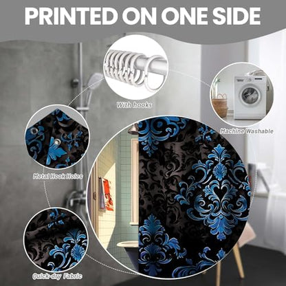 NBVKO 4Pcs Luxury Damascus Blue Flower Pattern Shower Curtain Set with 12 Hooks Non-Slip Rugs,Toilet Lid Cover and Bath Mat,Dark Gold Bathroom Decor for Hotel & Home Bathroom