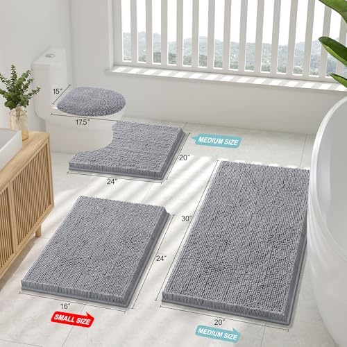 Smiry Chenille Bathroom Rugs Sets 2 Piece (30x20+ U Shape 24x20, Grey)