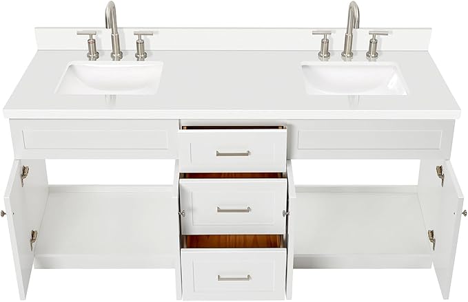 DKB Bradford 72 Inch Bathroom Vanity Double Sink — White Bathroom Vanity with Sink, 1.5" Edge Pure White Quartz Countertop & Backsplash, 4 Soft-Close Doors, and 3 Dovetail Drawers
