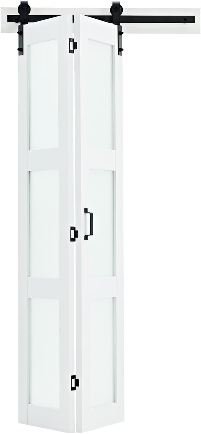 VEVOR Bifold Barn Door, 36" x 84", Frosted Glass Barn Door with Header Board and Hardware Kit Included, Space-Saving Design, Pre-Assembled Panels, Waterproof & Quiet, White