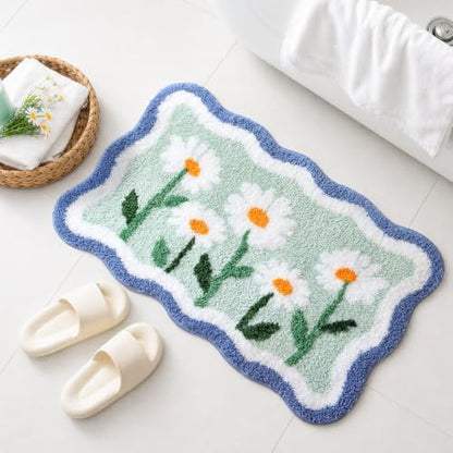 TRUEDAYS Daisy Floral Bathroom Rug, Cute Bath Mat for Bathroom, 32”x20” | Scalloped Shape Flower Bath Mat, Soft & Absorbent Tufted Bath Rugs with Non Slip Backing for Farmhouse Cottagecore Decor