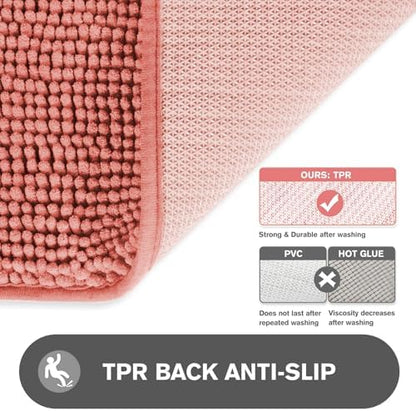 Small Bathroom Rug 12"x18" – Washable and Absorbent Bath Mat, Non Slip, Thick Soft Chenille Bath Rugs for Bathroom Floor, Shower, Sink, Dog mat(Coral)
