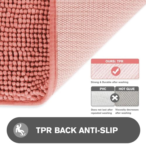 Coral Bathroom Rugs – Absorbent and Washable Bath Mat, Non-Slip, Thick Soft Chenille Bath Rugs for Bathroom, Kitchen, Shower, Sink - 20" x 32"