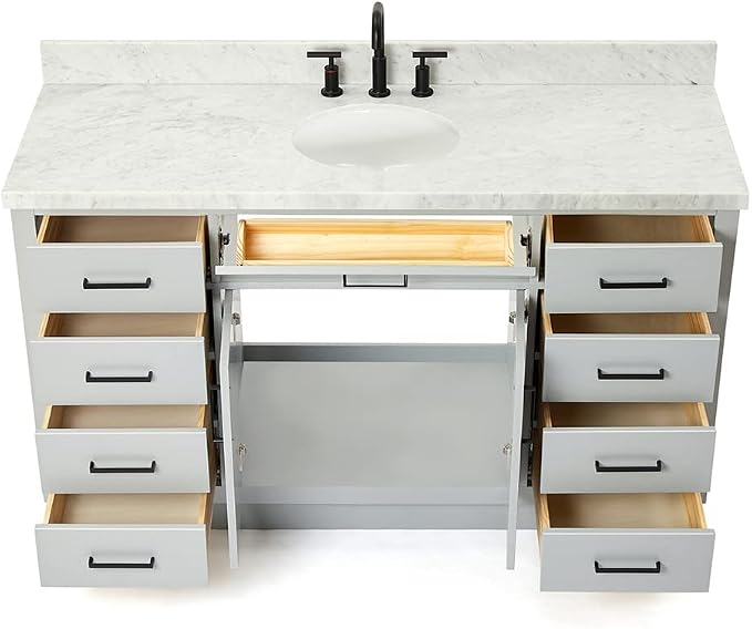 ARIEL Hepburn 60-inch Bathroom Vanity with Sink,Solid Wood, 1.5-inch Carbon Black Quartz Countertop, Single Rectangular Porcelain Sink, Soft Closing Doors, Dovetail Drawers, Grey