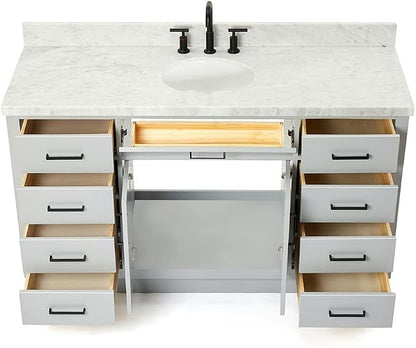 ARIEL Hepburn 60-inch Bathroom Vanity with Sink,Solid Wood, 1.5-inch Carbon Black Quartz Countertop, Single Rectangular Porcelain Sink, Soft Closing Doors, Dovetail Drawers, Grey