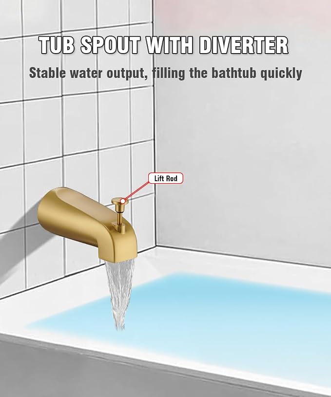 Tub Spout with Diverter, Slip On Bathtub Spout Fits 1/2'' Copper Tube(5/8'' Dia), Bathroom Tub Faucet with PTFE Tape & Hex Wrench, Brushed Gold
