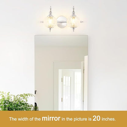 Brushed Nickel Bathroom Vanity Light Fixture Vintage Style - 2 Light G9 Bulb Compatible, 17" Wide Bathroom Lighting Over Mirror with Hand-Etched Glass Shades, Easy Mount for Makeup Area