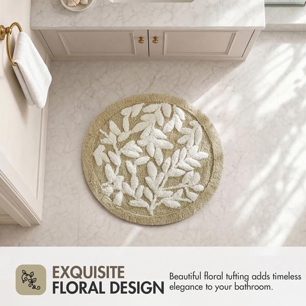 Madison Park Serene Tufted Bath Rug Cotton Absorbent, Round, Natural | Quick Dry, Soft Pile, Machine Washable, Floral Pattern, Plush, OEKO-TEX Certified