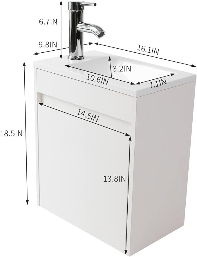 wonline 16" Bathroom Vanity Set Wall Mounted for Small Space Fully Assembled Cabinet with Sink Combo Chrome Faucet White