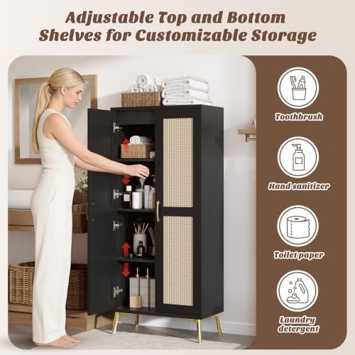 JASIWAY Tall Bathroom Storage Cabinet 57" Rattan Pantry Cabinet, Black