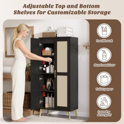 JASIWAY Tall Bathroom Storage Cabinet 57" Rattan Pantry Cabinet, Black