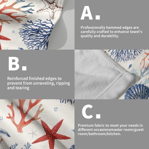 Nautical Coastal Hand Towels Set of 2, Beach Themed Ocean Seashell Coral Starfish Decorative Bathroom Towel 28x14 Inch, Soft Absorbent Microfiber Wash Cloth for Kitchen Gym Hotel Home Decor