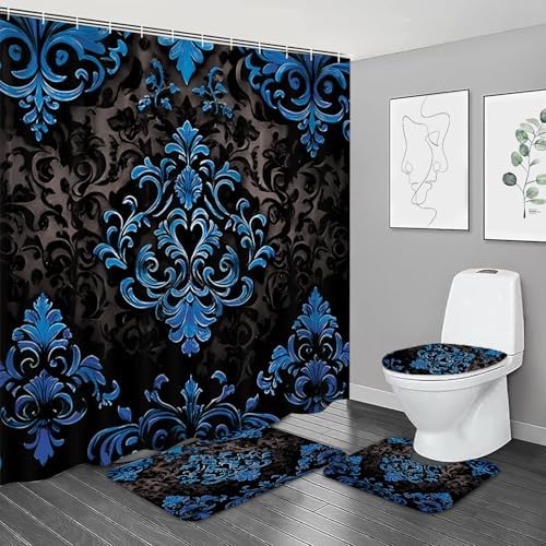 NBVKO 4Pcs Luxury Damascus Blue Flower Pattern Shower Curtain Set with 12 Hooks Non-Slip Rugs,Toilet Lid Cover and Bath Mat,Dark Gold Bathroom Decor for Hotel & Home Bathroom