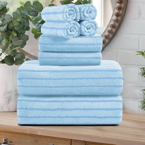 8 Pcs Blue Cabana Stripe Bath Sheet Set Oversized Bath Towel-2 Bathroom Sheets,2 Hand Towels,4 Washcloths Soft Jumbo Towels Absorbent Shower Towel Quick Dry Beach Chair Towel Spa Gym Hotel Towels