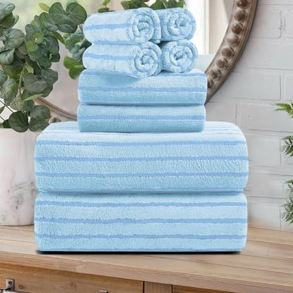 8 Pcs Blue Cabana Stripe Bath Sheet Set Oversized Bath Towel-2 Bathroom Sheets,2 Hand Towels,4 Washcloths Soft Jumbo Towels Absorbent Shower Towel Quick Dry Beach Chair Towel Spa Gym Hotel Towels