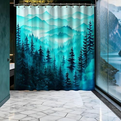 Dark Teal Forest Shower Curtain, 72x72 in, Mountain Rustic Pine Tree