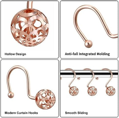 Gracelife 12Pcs Hollow Ball Shower Curtain Hooks Luxury Quality Rustproof Stainless Steel Shower Curtain Rings Hooks for Bathroom Rod (Rose Gold)