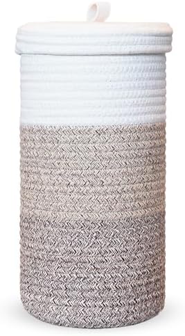 Toilet Paper Holder Handmade – Woven Cotton Toilet Paper Stand & Storage Basket with Lid, Freestanding Organizer for Bathroom, Fits 3 Mega Rolls Gradient Brown 14'' x 7''