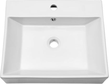 Floating Wall Mount Sink | Beslend 20"x17" Inch White Ceramic Vessel Sinks, Rectangular Art Basin with Single Hole, Small Space-Saving Bathroom Sink