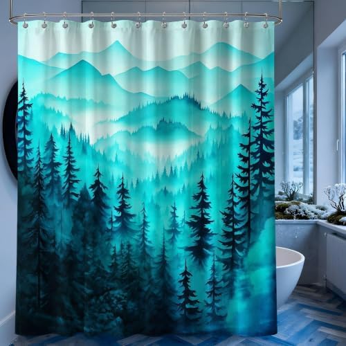 Dark Teal Forest Extra Long Shower Curtain, Tall 72X84 in, Mountain