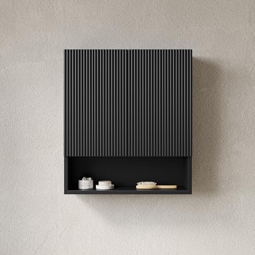 USHOWER Black Bathroom Wall Cabinet with Fluted Doors & Open Shelf