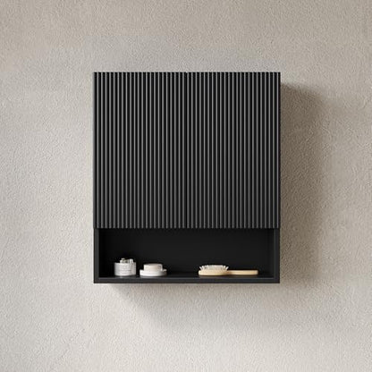 USHOWER Black Bathroom Wall Cabinet with Fluted Doors & Open Shelf