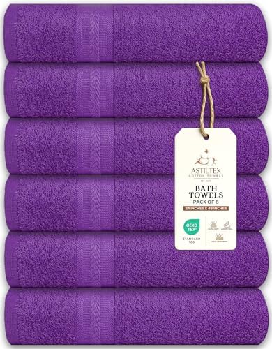 Bath Towels Pack of 6 – 24" x 48" – 100% Cotton Terry, Soft, Quick-Dry & Highly Absorbent – Purple Towels for Bathroom, Spa, Gym, Hotel, Pool & Everyday Use