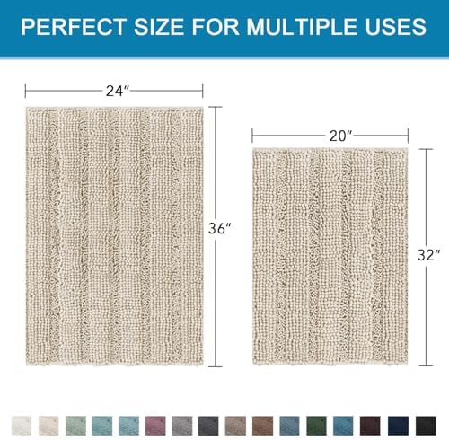 H.VERSAILTEX Bathroom Rug Sets 2 Piece Bath Mats Non Slip Thick Soft Chenille Striped Bath Rug achine Washable Shower Floor Rugs for Tub, Shower and Floor (Fog, 20" x 32"/24" x 36")