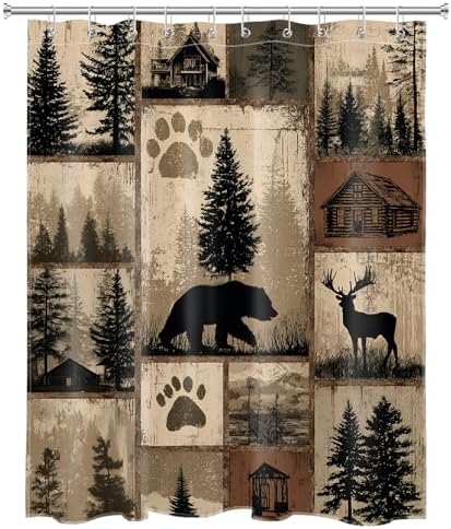 Rustic Cabin Patchwork Shower Curtain for Bathroom, Wild Animal Bear and Deer Brown Vintage Plaid Woodland Lodge Shower Curtain Country Bathroom Decor Accessories with Hooks, 60W X 72L inches
