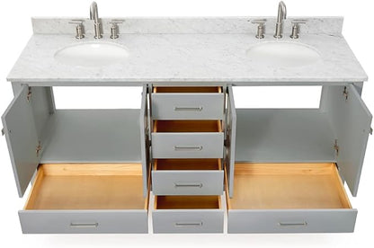 ARIEL Cambridge 72-inch Bathroom Vanity with Sink,Solid Wood, 0.75-inch Italian Carrara Marble Countertop & Backsplash, Double Oval Porcelain Sink, 4 Soft Closing Doors, 6 Dovetail Drawers, Grey