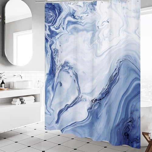 Navy Blue Marble Fabric Shower Curtain, Abstract Watercolor, 72 x 72