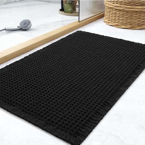tchdio Waffle Bath Mat Rug, Super Absorbent Non Slip Bath Mats Ultra Soft Bathmat Machine Washable Bathroom Rugs with Tassels, Bath Rugs for Bathroom Floor Beside Tub, 24" x 36", Black