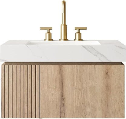 KEIKI 30 Inch Floating Bathroom Vanity with Sink, White Oak & White | Modern Wall Mounted Storage Cabinet w/ Drawer & Door, Pre-assembled Wood Panels, Sintered Stone Top & Ceramic Basin Combo Set