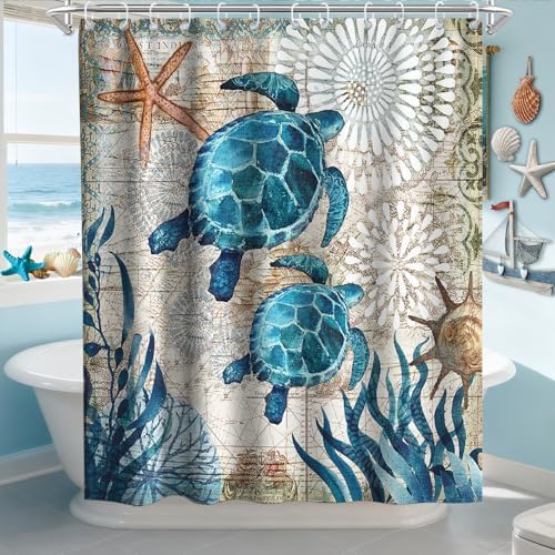 Nautical Green Sea Turtles Beach Theme Fabric Shower Curtain Sets Bathroom Blue Ocean Decor with Grommets and Hooks - 72 x 72 Inch Teal (Pack of 2)