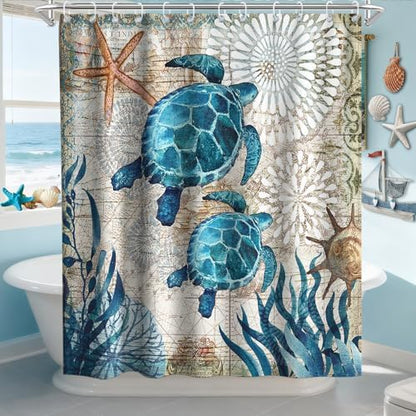 Nautical Green Sea Turtles Beach Theme Fabric Shower Curtain Sets Bathroom Blue Ocean Decor with Grommets and Hooks - 72 x 72 Inch Teal (Pack of 2)