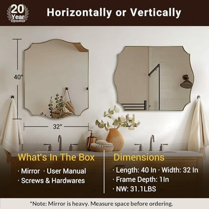 ANDY STAR 32"x40" Brushed Gold Bathroom Mirror, Scalloped Mirrors for Wall, Large Champagne Bronze Mirror with Elegant Curved Scallop Design, Anti-Rust Stainless Steel Thin Frame