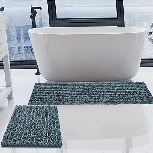 Luxury Chenille Dusty Blue Bathroom Rugs Sets 2 Piece, Thickened Hot Melt Rubber Bottom Bath Mats for Bathroom Non Slip,Bath Rugs Quick Dry Machine Washable for Shower Mat (47"x17"+17"x24")