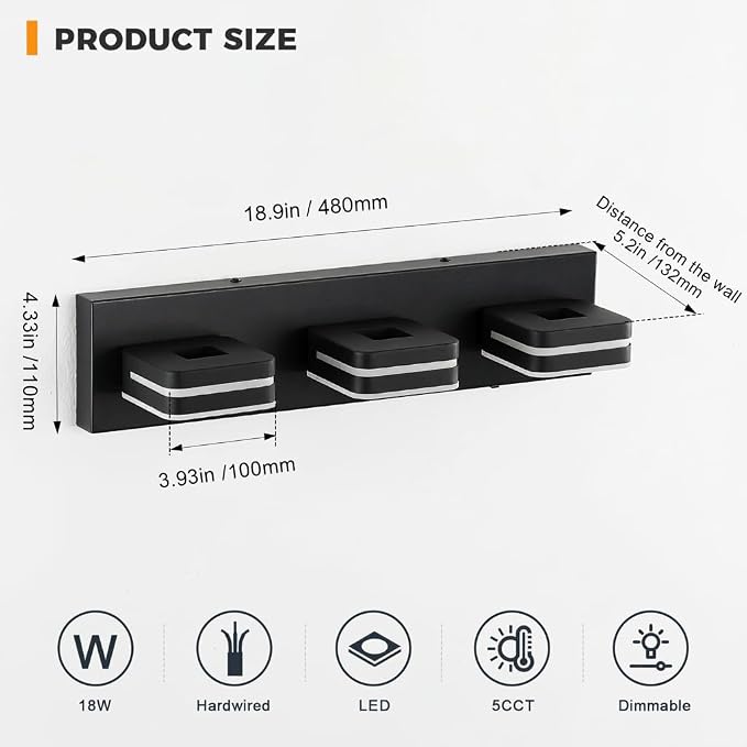 Modern Bathroom Vanity Lights, 3-Light Dimmable LED Wall Sconce, Matte Black Vanity Light for Mirror, 5CCT Adjustable Vintage Bathroom Lighting Fixtures Over Sink