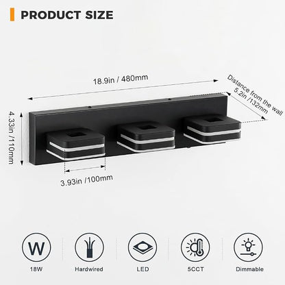 Modern Bathroom Vanity Lights, 3-Light Dimmable LED Wall Sconce, Matte Black Vanity Light for Mirror, 5CCT Adjustable Vintage Bathroom Lighting Fixtures Over Sink